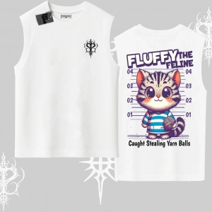 Fluffy The Feline Yazılı Sevimli Kedi Arka Baskılı Kolsuz Tshirt