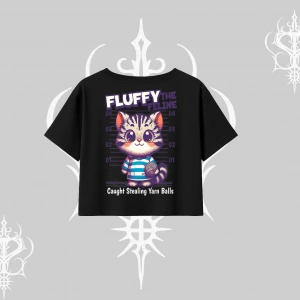 Fluffy The Feline Yazılı Sevimli Kedi Arka Baskılı Oversize Crop Tshirt