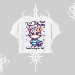 Fluffy The Feline Yazılı Sevimli Kedi Arka Baskılı Oversize Crop Tshirt