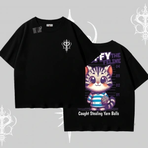 Fluffy The Feline Yazılı Sevimli Kedi Arka Baskılı Oversize Tshirt