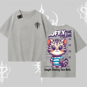 Fluffy The Feline Yazılı Sevimli Kedi Arka Baskılı Oversize Tshirt