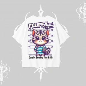 Fluffy The Feline Yazılı Sevimli Kedi Arka Baskılı Oversize Tshirt