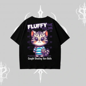 Fluffy The Feline Yazılı Sevimli Kedi Arka Baskılı Oversize Tshirt