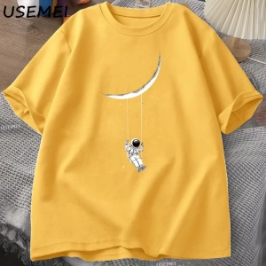 Funny Moon Swing T Shirt Men Women Astronaut Tshirt Cotton Short Sleeve Loose T-shirt Casual  3058