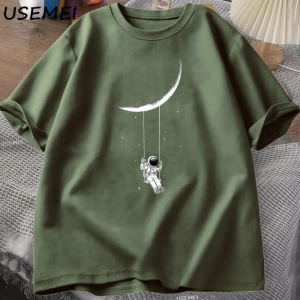 Funny Moon Swing T Shirt Men Women Astronaut Tshirt Cotton Short Sleeve Loose T-shirt Casual  3058
