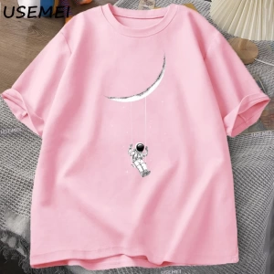 Funny Moon Swing T Shirt Men Women Astronaut Tshirt Cotton Short Sleeve Loose T-shirt Casual  3058