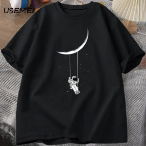 Funny Moon Swing T Shirt Men Women Astronaut Tshirt Cotton Short Sleeve Loose T-shirt Casual  3058