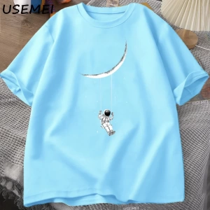Funny Moon Swing T Shirt Men Women Astronaut Tshirt Cotton Short Sleeve Loose T-shirt Casual  3058