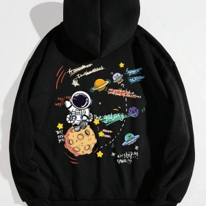 Galaxy Özel Baskılı Oversize Kapüşonlu Sweatshirt Siyah