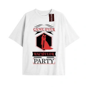 GAME OVWER BACHELOR PARTY Unisex Oversize Yazılı Tshirt BEYAZ