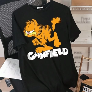 GARFIELD X SHEIN Erkek Günlük Karikatür Kedi ve Harf Baskılı Kısa Kollu Tişört, Yaz