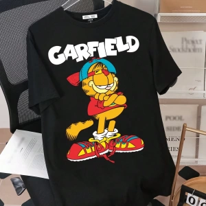 GARFIELD X SHEIN Erkek Karikatür ve Mektup Baskılı Yuvarlak Yaka Kısa Kollu Tişört, Yaz