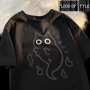 Gevşek kısa kollu tişört kadınlar için orijinal japon moda marka çift saf kedi şeffaf hayalet