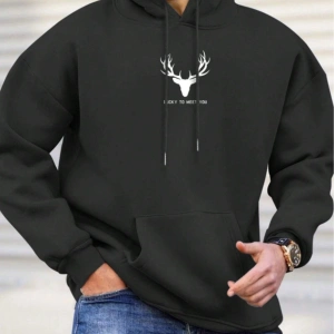 Geyik Renkli Oversize Kapüşonlu Sweatshirt Siyah