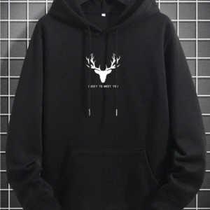 Geyik Renkli Oversize Kapüşonlu Sweatshirt Siyah