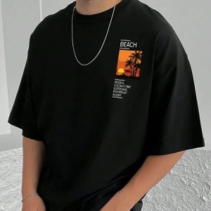 Göğüs Beach Baskılı Oversize Erkek T-Shirt
