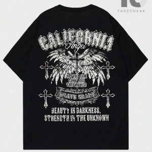 Goth Erkek Kanat ve Harf Baskılı T-shirt