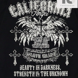 Goth Erkek Kanat ve Harf Baskılı T-shirt