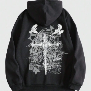 Goth Guys Cross Print Drawstring Lined Hoodie Siyah