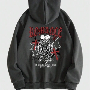 Goth Guys Skeleton & Slogan Graphic Zip Up Lined Hoodie Gri
