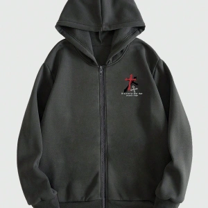 Goth Guys Skeleton & Slogan Graphic Zip Up Lined Hoodie Gri