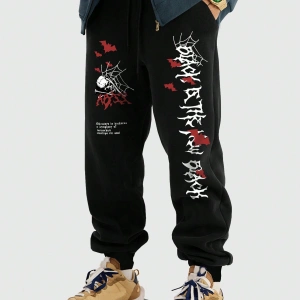 Goth Guys Skull & Slogan Graphic Drawstring Waist Eşofman Altı