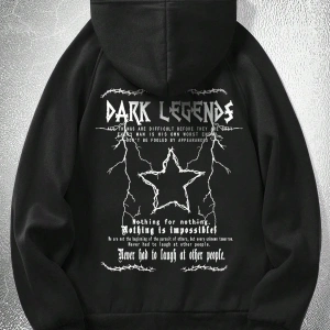 Goth Guys Star & Slogan Graphic Raglan Sleeve Drawstring Hoodie Siyah