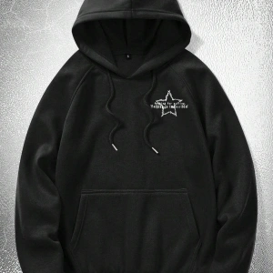 Goth Guys Star & Slogan Graphic Raglan Sleeve Drawstring Hoodie Siyah