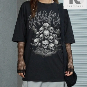Goth Kafatası Baskılı Damla Omuz Tişört