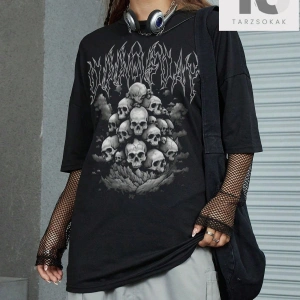 Goth Kafatası Baskılı Damla Omuz Tişört