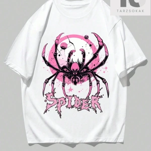 Goth Örümcek ve Mektup Baskılı Yuvarlak Yaka Erkek Tişört