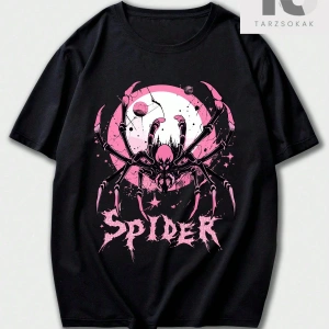 Goth Örümcek ve Mektup Baskılı Yuvarlak Yaka Erkek Tişört