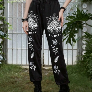 Goth Skull Graphic Drawstring Waist 4 Mevsim Eşofman