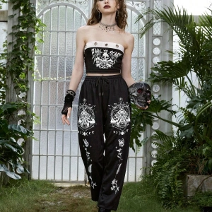 Goth Skull Graphic Drawstring Waist 4 Mevsim Eşofman