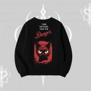 Gotik Kedi Arka Baskılı Biskilet Sweatshirt