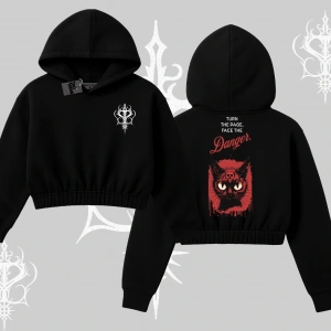 Gotik Kedi Arka Baskılı Kapşonlu Crop Sweatshirt