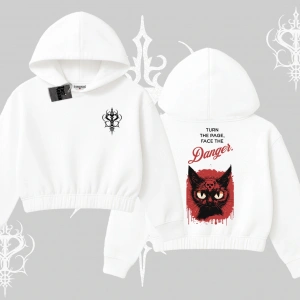 Gotik Kedi Arka Baskılı Kapşonlu Crop Sweatshirt