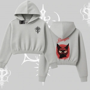Gotik Kedi Arka Baskılı Kapşonlu Crop Sweatshirt