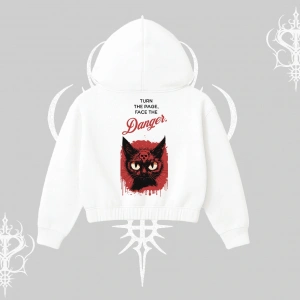 Gotik Kedi Arka Baskılı Kapşonlu Crop Sweatshirt