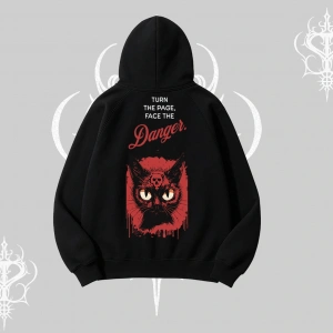 Gotik Kedi Arka Baskılı Kapşonlu Sweatshirt
