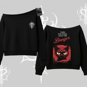 Gotik Kedi Arka Baskılı Kayık Yaka Sweatshirt