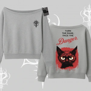 Gotik Kedi Arka Baskılı Kayık Yaka Sweatshirt