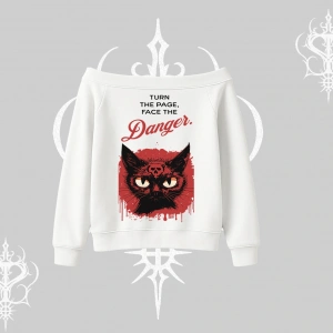Gotik Kedi Arka Baskılı Kayık Yaka Sweatshirt