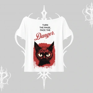 Gotik Kedi Arka Baskılı Kayık Yaka Tshirt