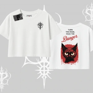 Gotik Kedi Arka Baskılı Oversize Crop Tshirt