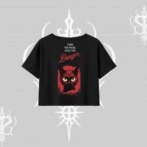 Gotik Kedi Arka Baskılı Oversize Crop Tshirt
