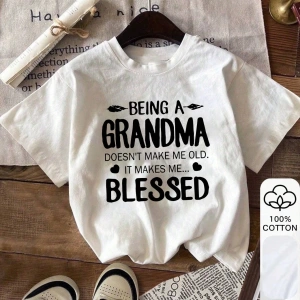 GRANDMA Mektup Baskısı, Yaz Kadın %100 Pamuk Kısa Kollu, Beyaz Kısa Kollu, Grafik Tişört, Bey