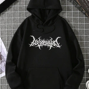 Graphic Print Kangaroo Pocket Drawstring Hoodie Siyah