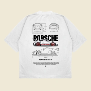 Gray Porsche 911 Baskılı Oversize Unisex Pamuklu Nefes Alan Kalın Kumaşlı