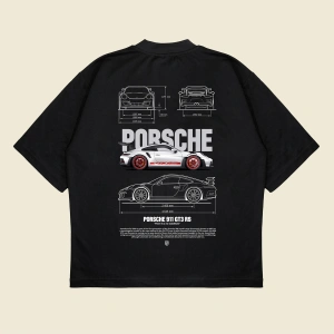 Gray Porsche 911 Baskılı Oversize Unisex Pamuklu Nefes Alan Kalın Kumaşlı